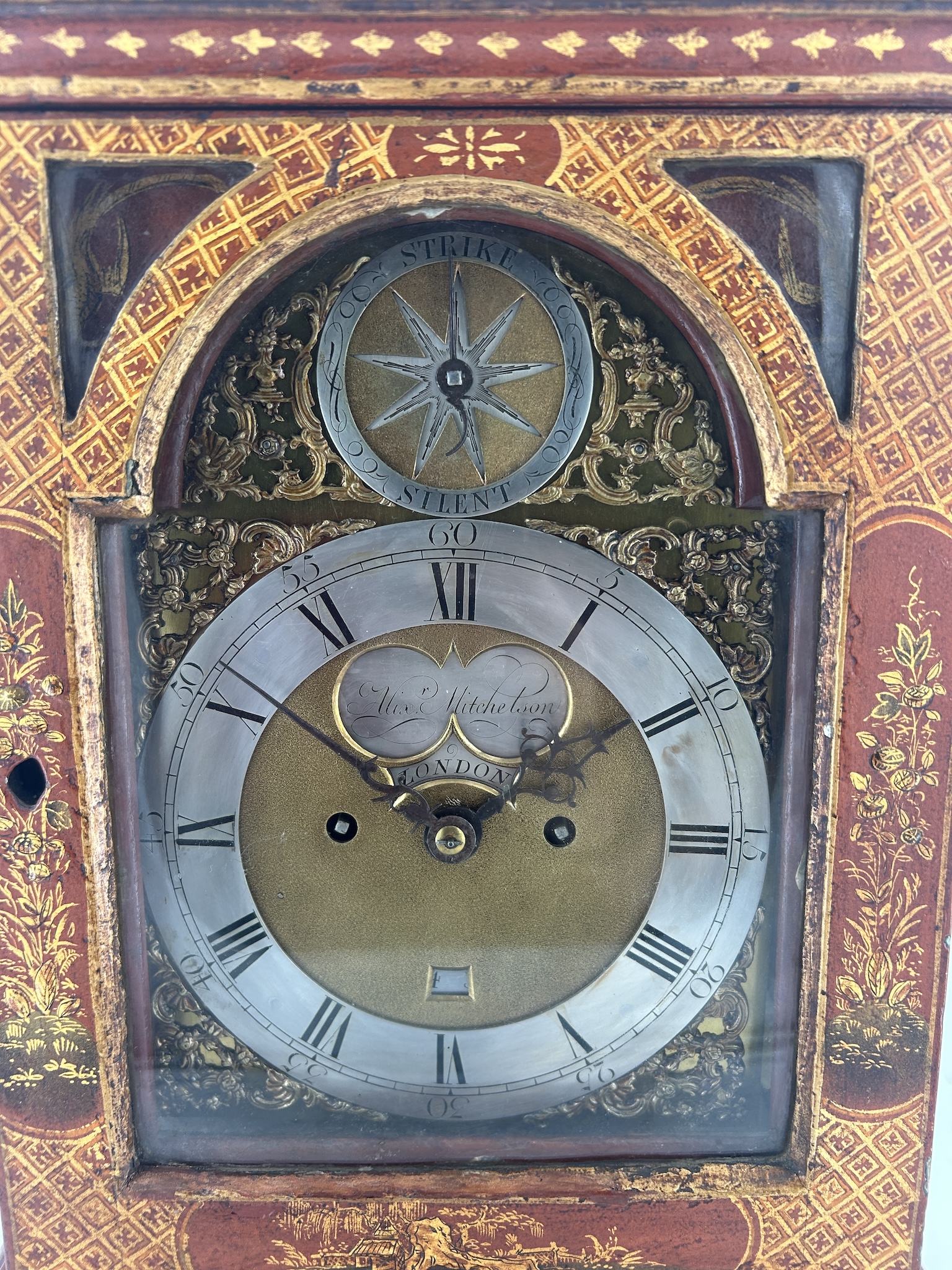 Outstanding Red Chinoiserie English Verge Twin Fusee Bracket Clock – Ca 1760 twin fusee Antique Clocks 4